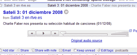 Time travel Captura de Google Reader de un podcast de Sateli3, programa de Radio 3, con fecha de uno de diciembre de 2008