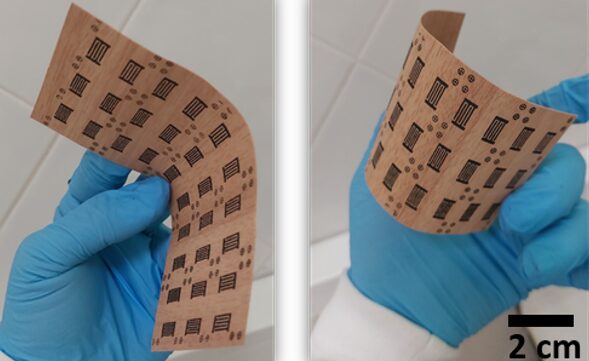 Circuit printed on wood with conductive ink.