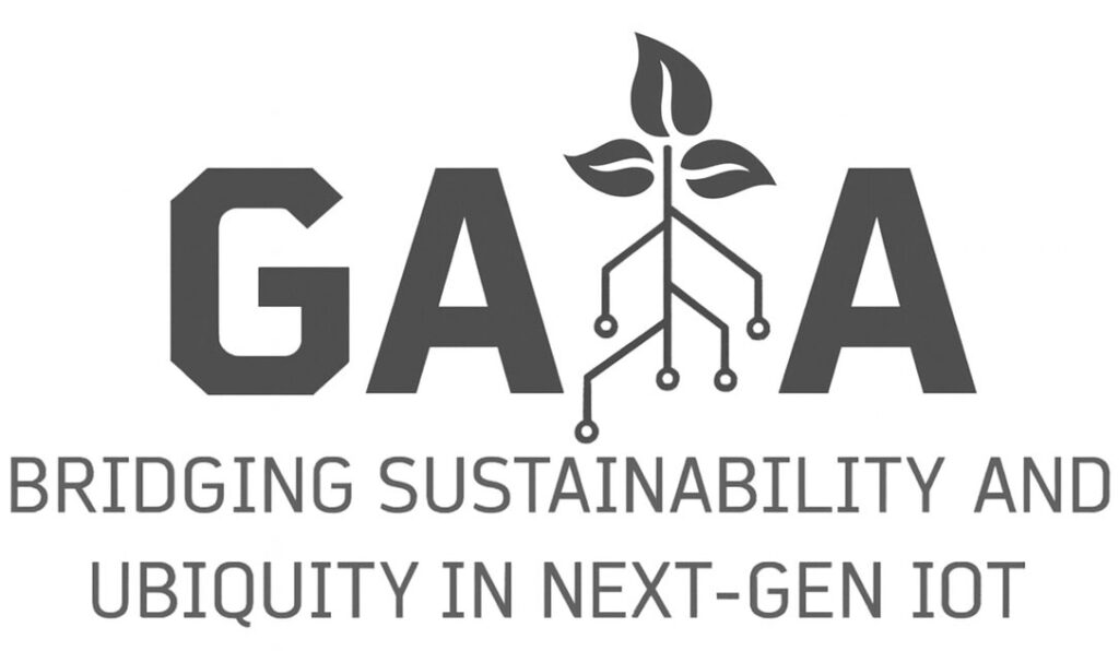 GAIA Bridging sustainability and ubiquity in next-gen IoT logo, which displays a plant with roots resembling communication links. 