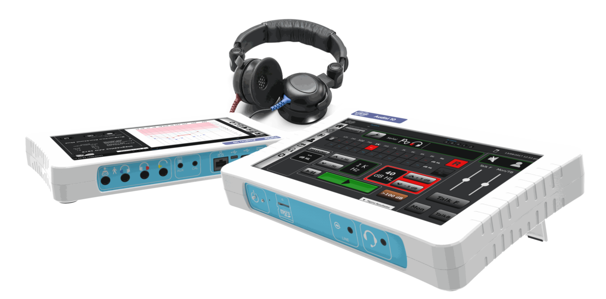 Image of the audiometer device, it is like a tablet with headphones attached.