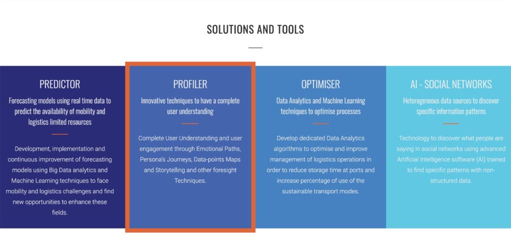 Mosaic Factor's "Solutions and Tools"  screenshot. One on the solutions is "Profiler" which is defined as: Innovative techniques to have a complete user understanding

Complete User Understanding and user engagement through Emotional Paths, Persona’s Journeys, Data-points Maps and Storytelling and other foresight Techniques.