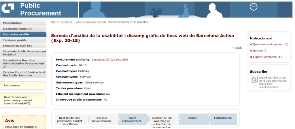 Image with the access to the public procurement annonce: "Barcelona Activa web site usability analysis and graphic design services"